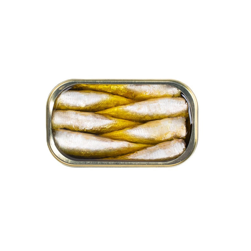 Mažos sardinės ekologiškame pirmo šalto spaudimo alyvuogių aliejuje su ekologišku Čili pipiru (BIO) | Maria Organic - atidaryta skardinė
